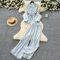 Light mature style wear women's summer wear sense of design drawstring straps waist long sleevesshirt high waist wide leg straight-leg pants suit