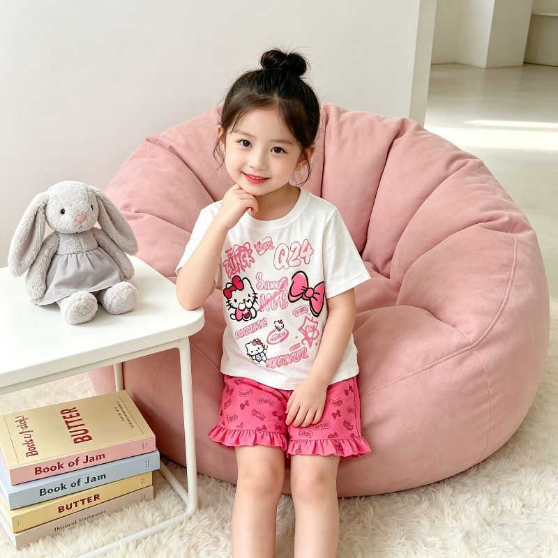 【matching family set】girls' sweet & girly pajamas - summer kids' loose-fit short sleeve & shorts set - stylish baby loungewear