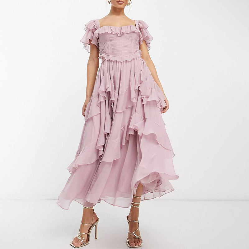2025 new european and american style formal dress vacation dress lace backless cutout cake dress ruffle pleated maxi dress