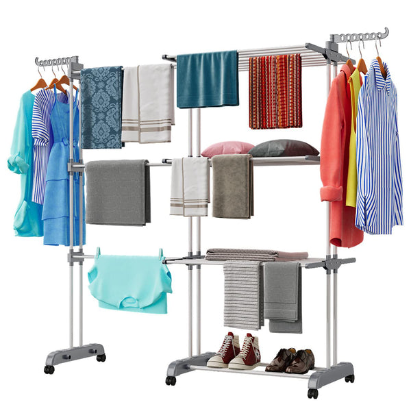 Wing-shaped floor drying rack Folding drying rack with wheels Multifunctional three-layer towel rack Movable hanger