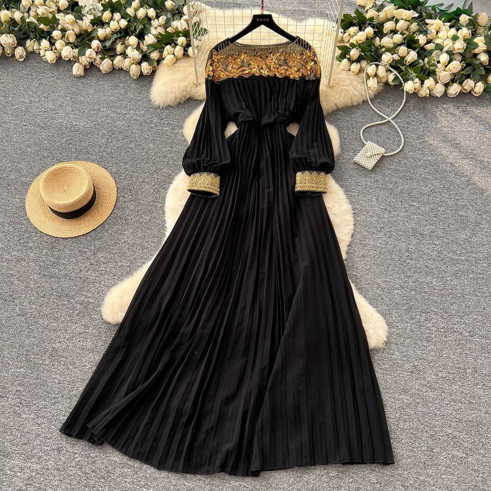 French chic high-end sequin & beaded mesh panel long sleeve bodycon dress - slimming, elegant, and flattering maxi dress for women