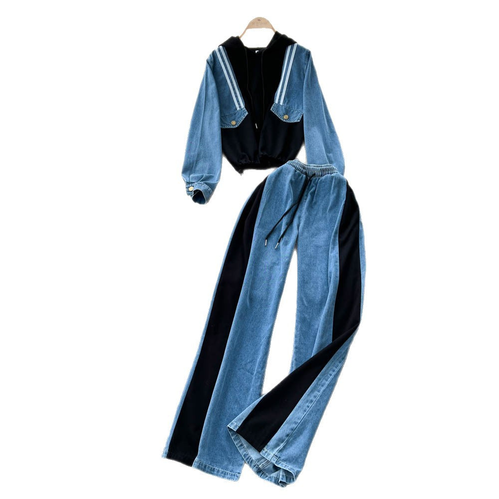 Fashionsuit women's 2025fall and winterretroloosecasual denim patchwork hooded sweatshirthigh waist wide leg straight-leg pants