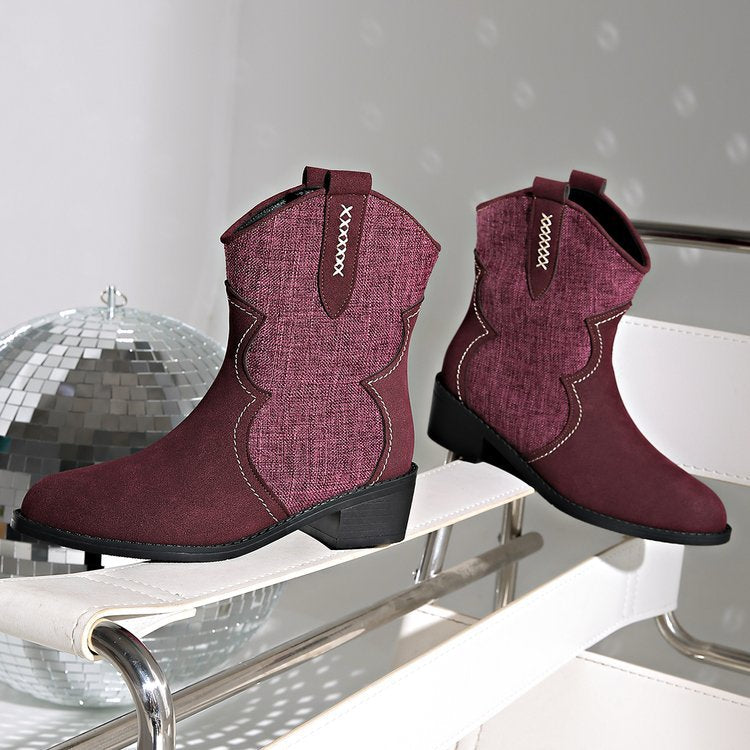 plus size square heel pointed toe denim short boots for women fall and winterfashion suede slip-on knight boots retro style