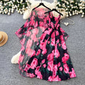 French riviera style printed dress - women's three-quarter sleeve, slim-fit, two-piece summer set with beaded detailing - elegant & professional