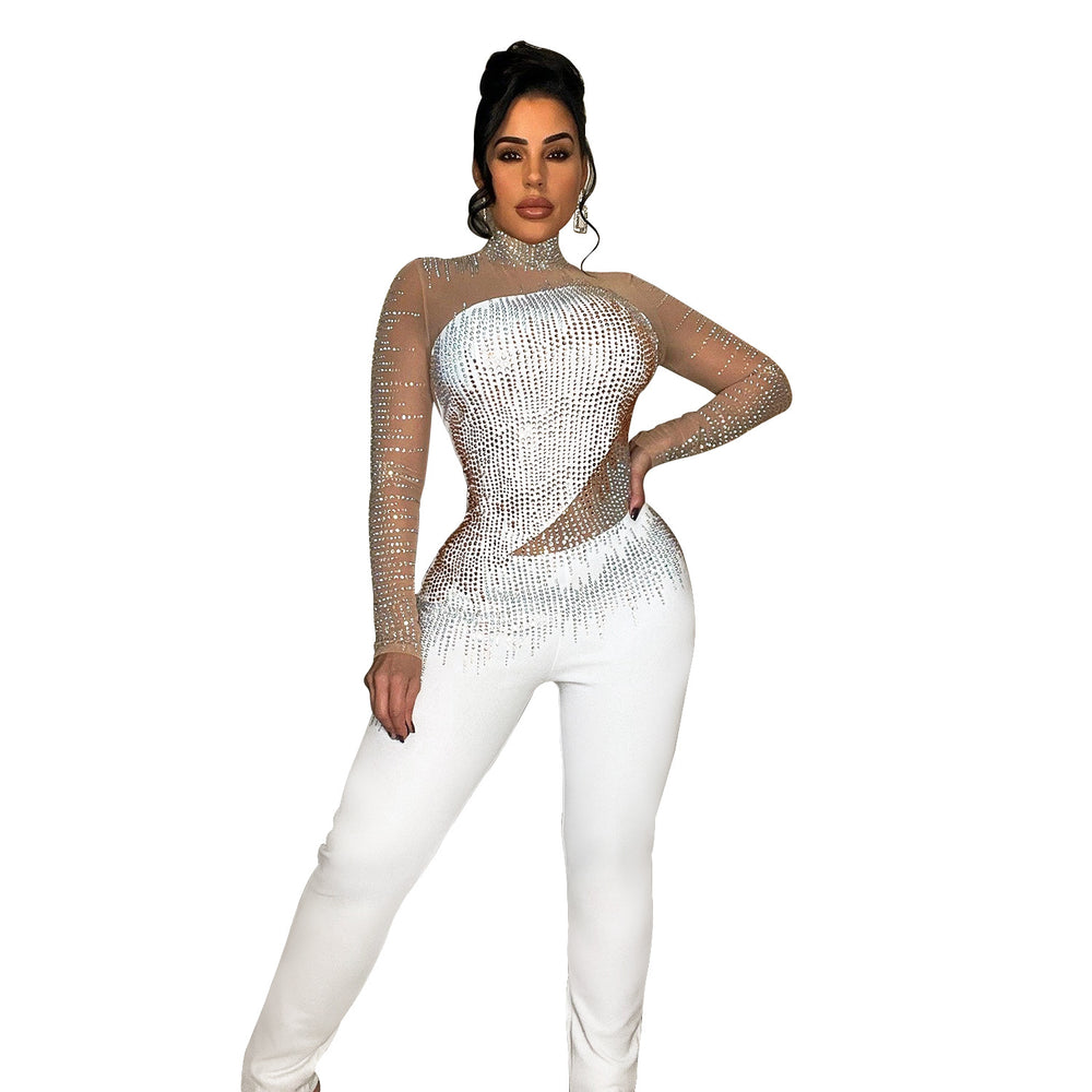 C6226 cross-border   fashion women's solid color mesh rhinestone long sleeve pants jumpsuit