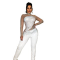 C6226 cross-border   fashion women's solid color mesh rhinestone long sleeve pants jumpsuit