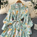 French style stand collar lantern sleeve printed dress - women's summer korean style slimming a-line ruffle skirt