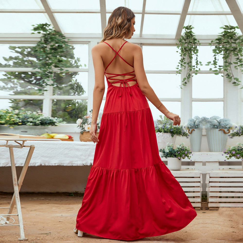 European and american women's clothing  new arrival: flowy, figure-hugging evening gown with open back and spaghetti straps - elegant plus size dress