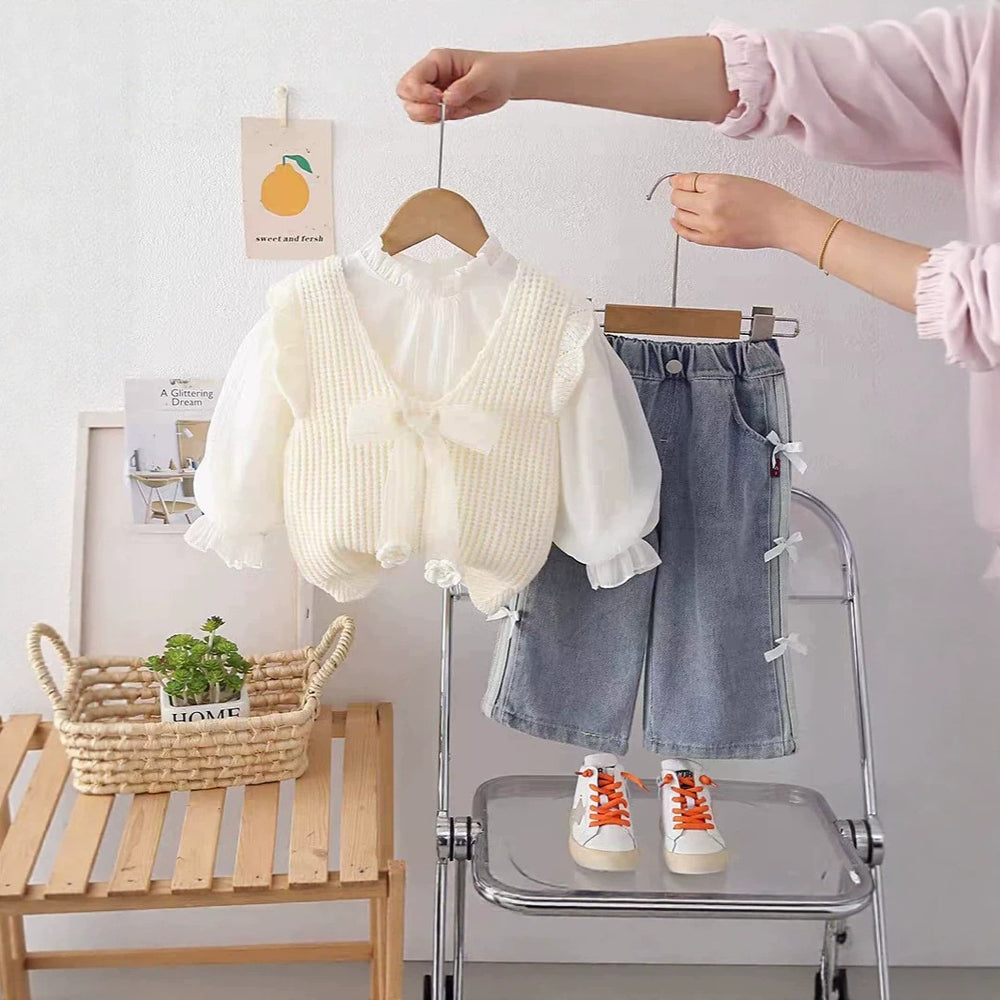 Korean style knitted vest and white shirt girl's outfit  - sweet & stylish bowknot floral set