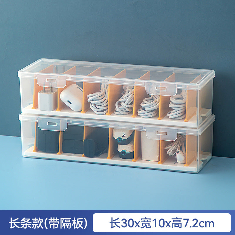 Desktop long rectangular storage box with lid grid transparent storage box flip plastic data cable storage box