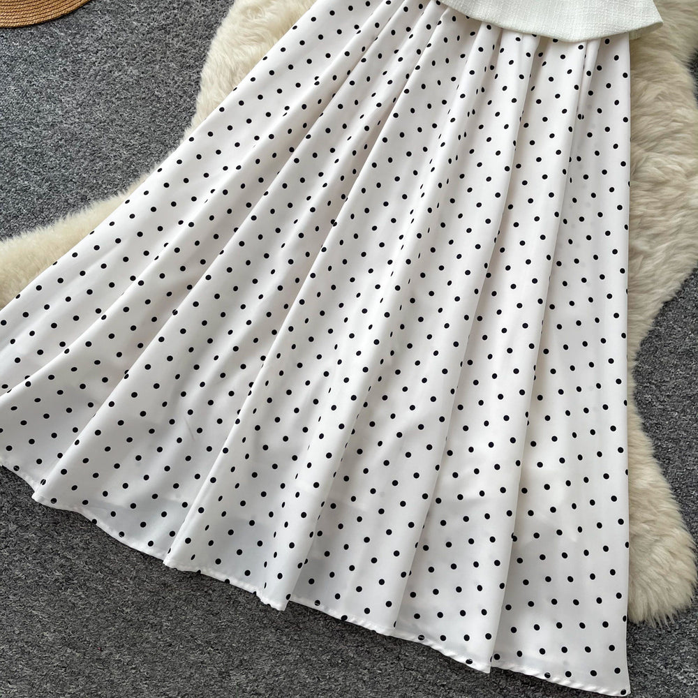 French sleeveless polka dot light luxury elegant dress women's summer slimming look single breasted belt fake two-piece a-line skirt