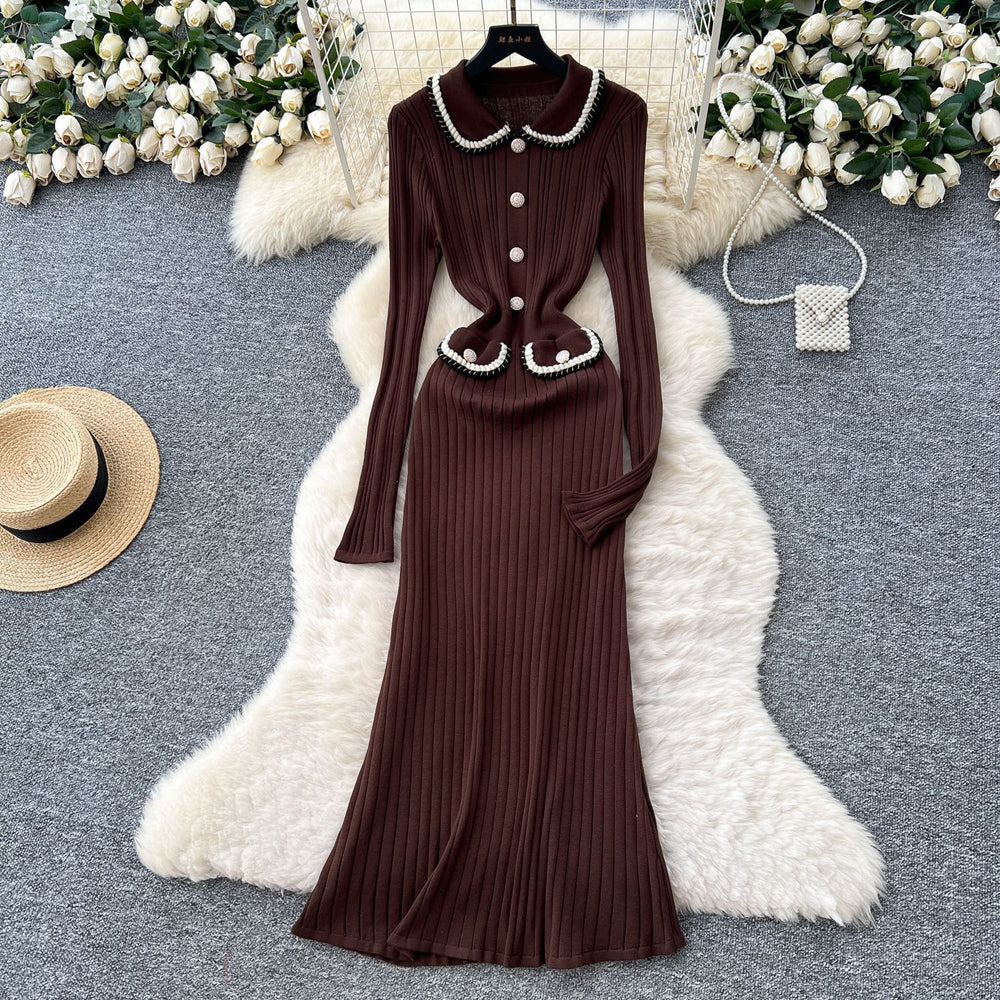 autumn new arrival: high-end chanel-inspired chic color block turn-down collar long sleeve slim-fit knitted dress for women