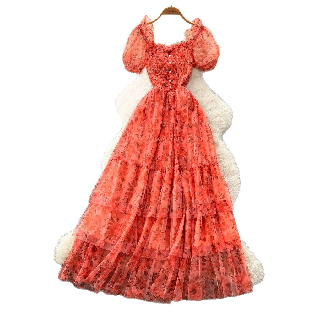 French gentle style puff sleeve floral dress women's summer k-style square collar high waist a-line elegant cake skirt slimming look