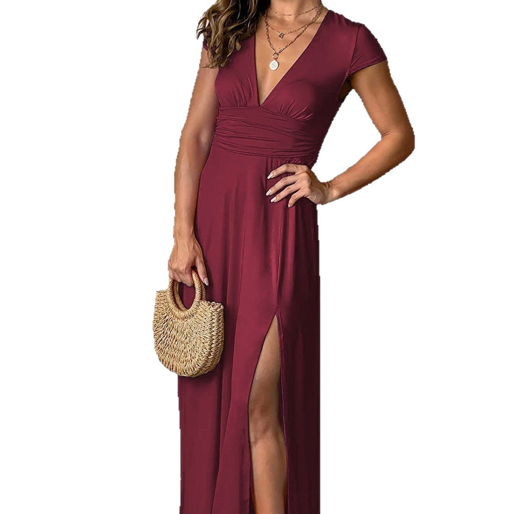 Women's deep v-neck short sleeve maxi dress - ruched, high-waisted, slit, club party evening gown - solid color dress
