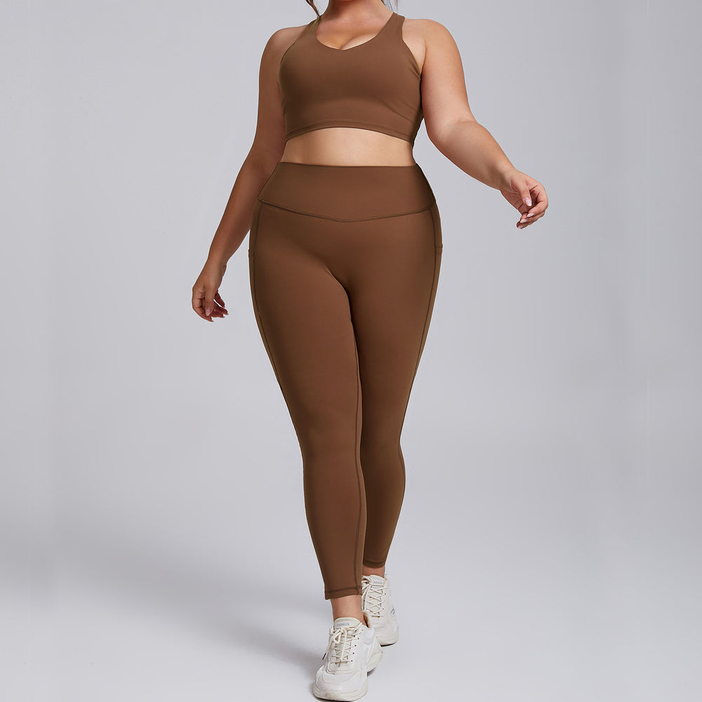 European and american nude feel plus size yoga outfit set - women's premium tight-fitting activewear two-piece set with pockets for fitness