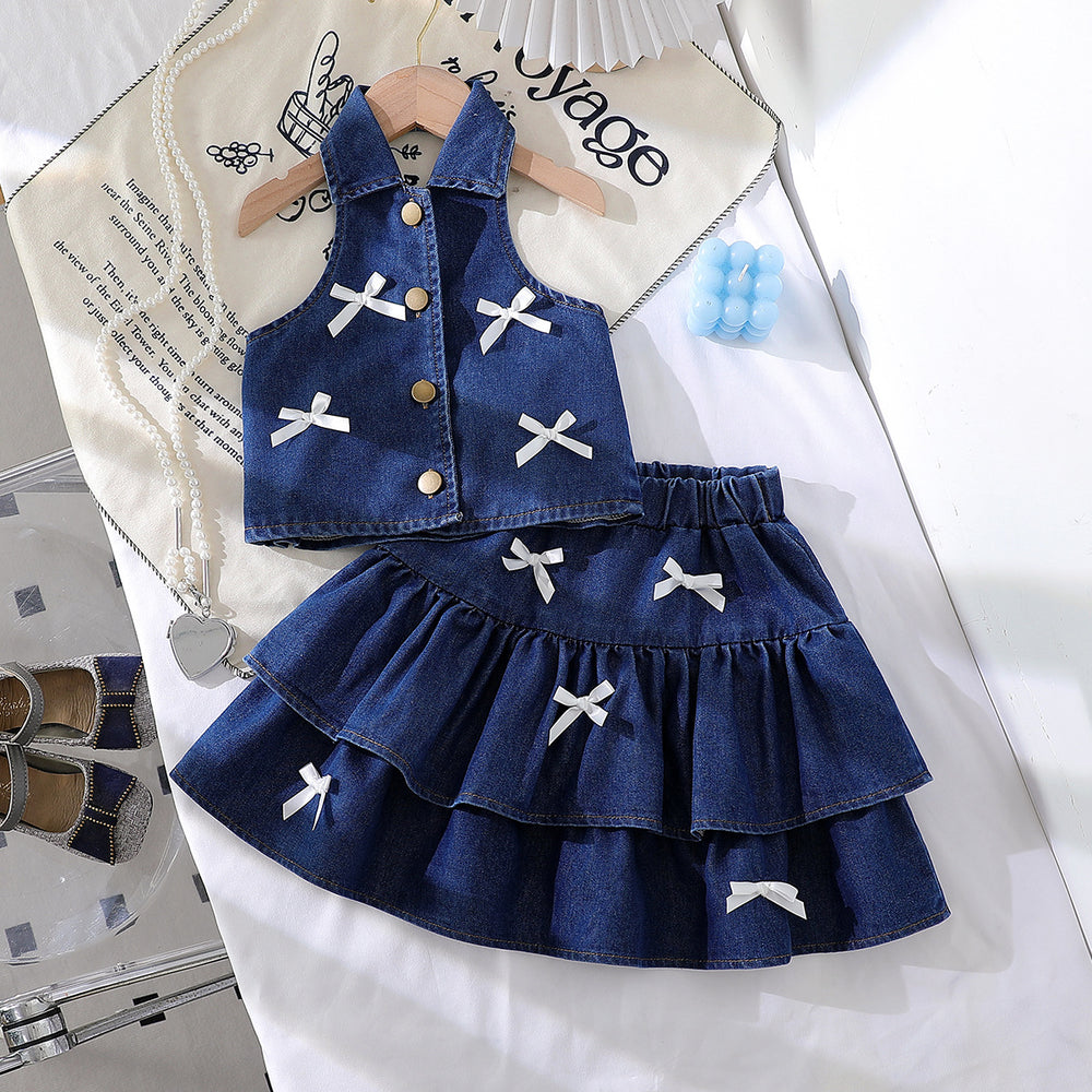 cross-border girls' fashion: european & american style halter collar denim vest + denim mini skirt bow set