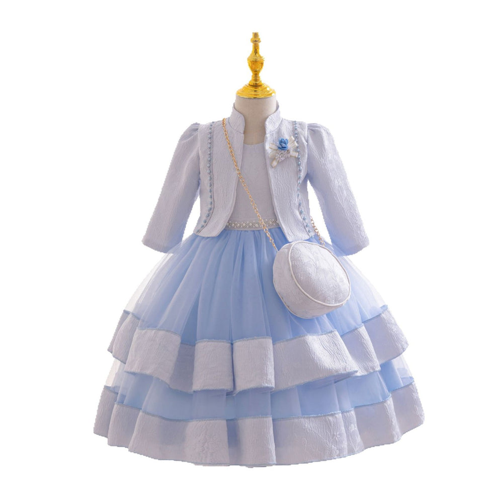 New three-piece children's formal dress set, featuring a beaded floral princess gown, perfect for little girls' piano recitals and flower girl outfits