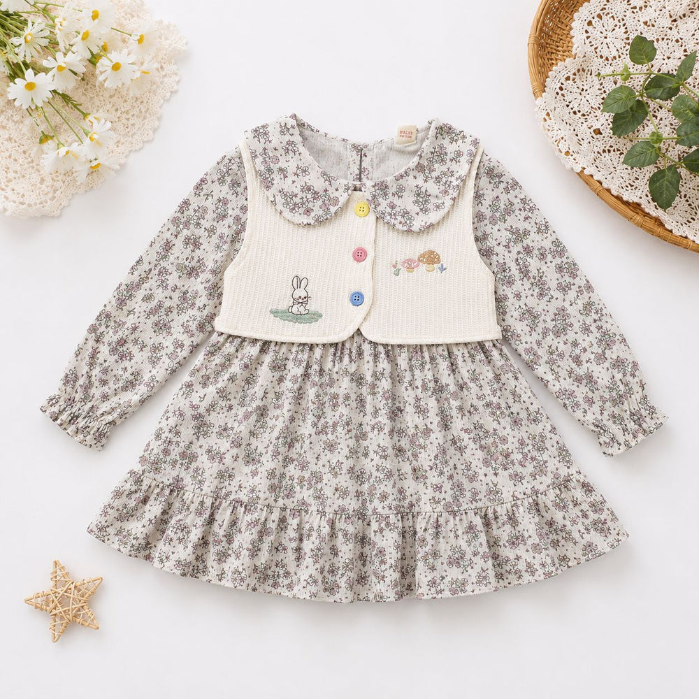 Girls' spring/autumn long-sleeve princess dress - new children's fashionable floral fake two-piece skirt set - kids' clothing