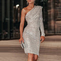 2025 summer new arrivals: european and american style one-shoulder dress - asymmetrical neck wrap chest evening gown - fashionable sequin sexy mini dress