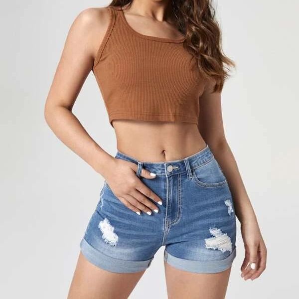 Amazon distressed denim shorts for women - summer hot seller, ins trendy high-waisted rolled hem shorts, washed stretch jeans