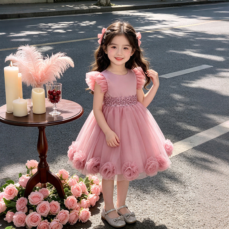 Girls' dress - mesh embroidered sweet style - baby birthday & first birthday princess dress - in stock wholesale - flutter sleeve tulle
