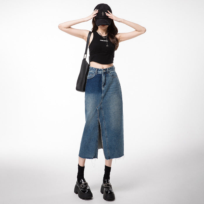 New arrivalelegantwork clothinghigh waist denim long skirtniche styleeasiest for matchloose denim skirt women's clothing