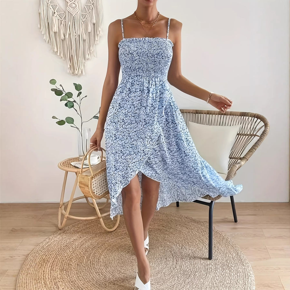 European and american style cross-border  spring french vacation new ruffled elegant floral print camisole dress for women