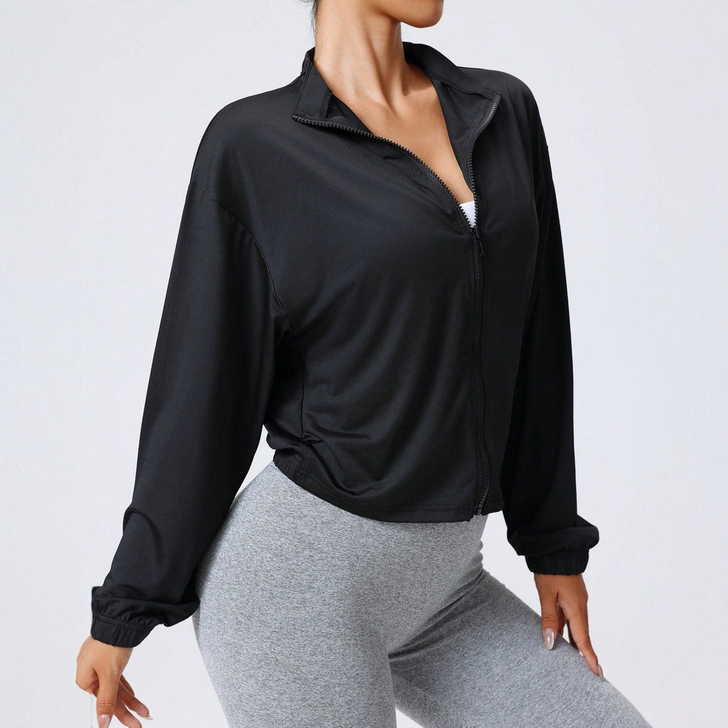 Pre-sale of European and American  women's new Korean version of popular women's clothing, black stand-up collar loose zipper sports jacket outside yoga