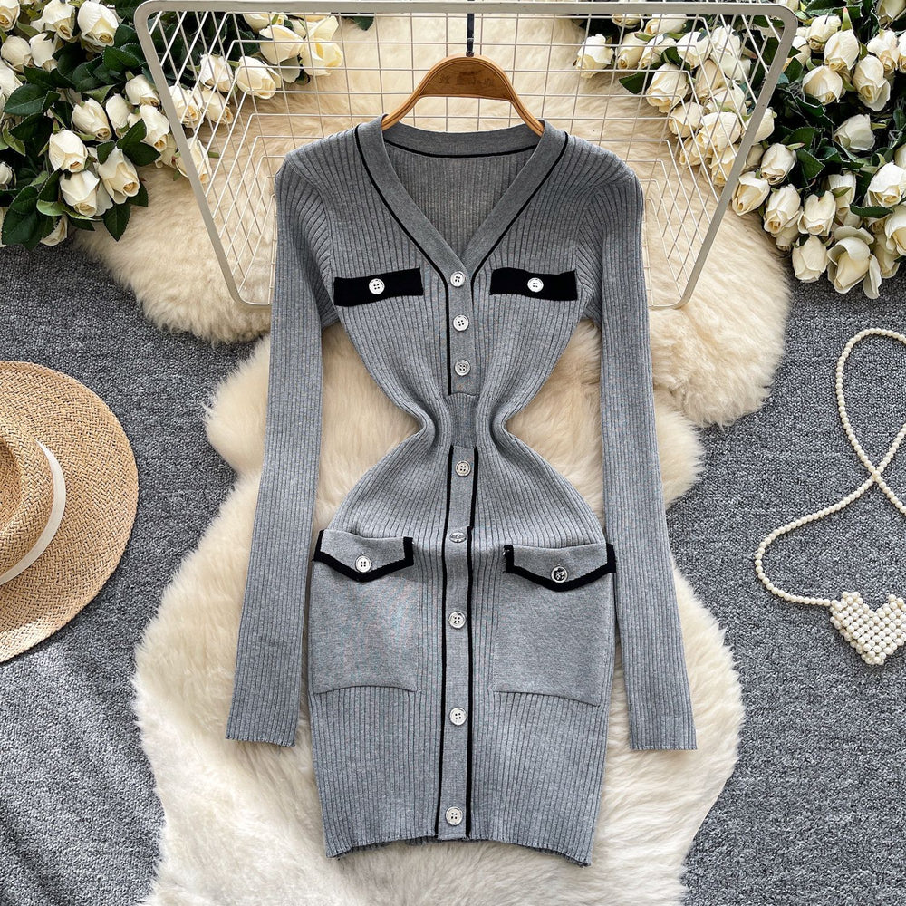 Xiaoxiangfengclassyfashionablecontrast color button design v neck waist slimming lookelegantlong sleevesknittingdress women