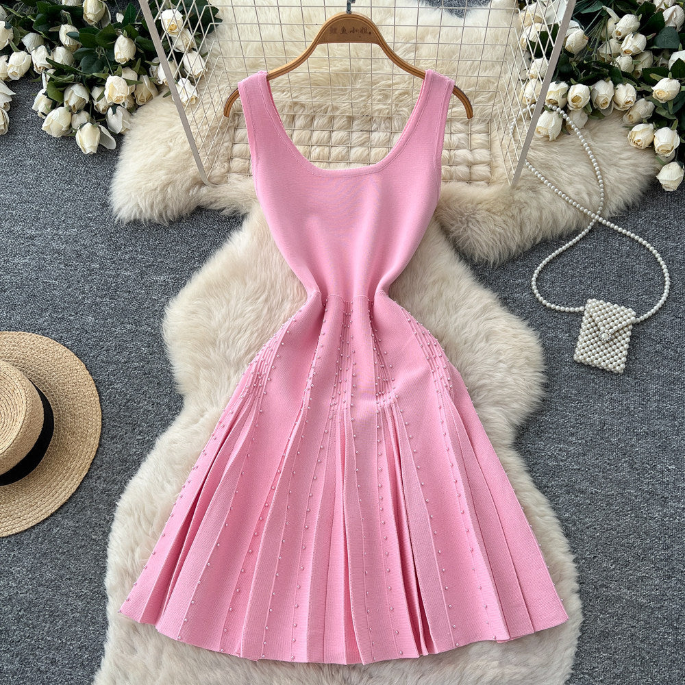 French chic sleeveless a-line knit dress - women's summer korean style high waist slimming elegant work dress