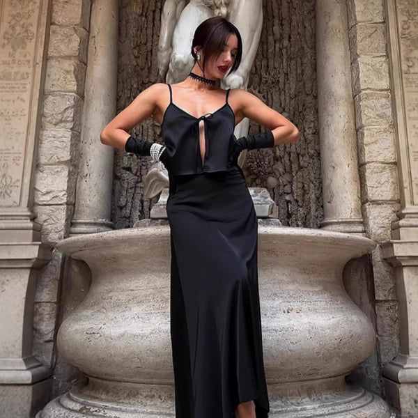 European and American Hepburn style sexy suspender vest long dress two-piece set women's 2025 summer black satin satin skirt set