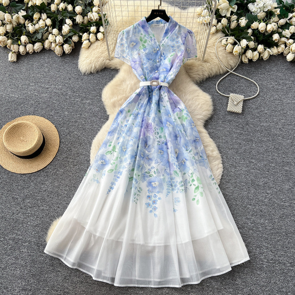 Vacation style v necktie back waist printingdress women's summer short-sleeved lapel long skirt elegantwork clothing women's clothing