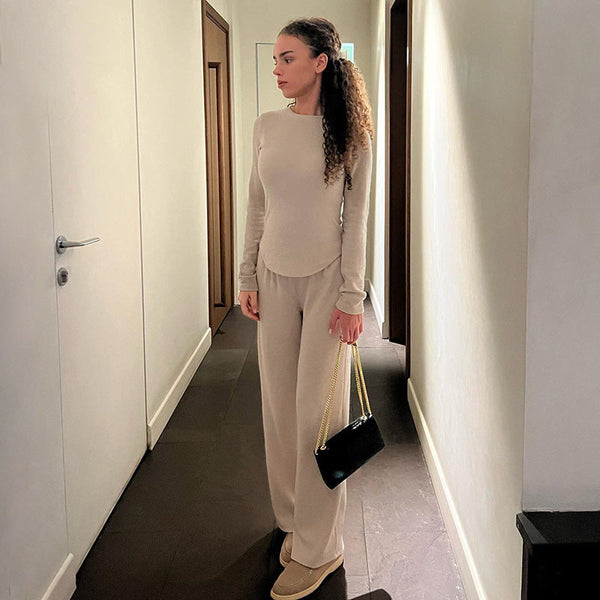 autumn and winter casual suit basic solid color long-sleeved suede thermal top elastic waist trousers two-piece set women