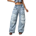 Fashionjeans women's elastic drawstring waist snowflake washed multi-flap pocket pants workwear style loose wide leg denim pants