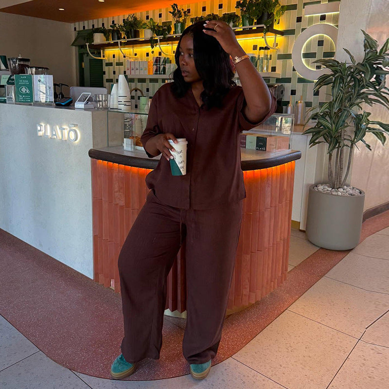 European and american women's clothing  autumn new collection: sweet and fresh v-neck five-sleeve blouse and high-waisted straight-leg pants two-piece set