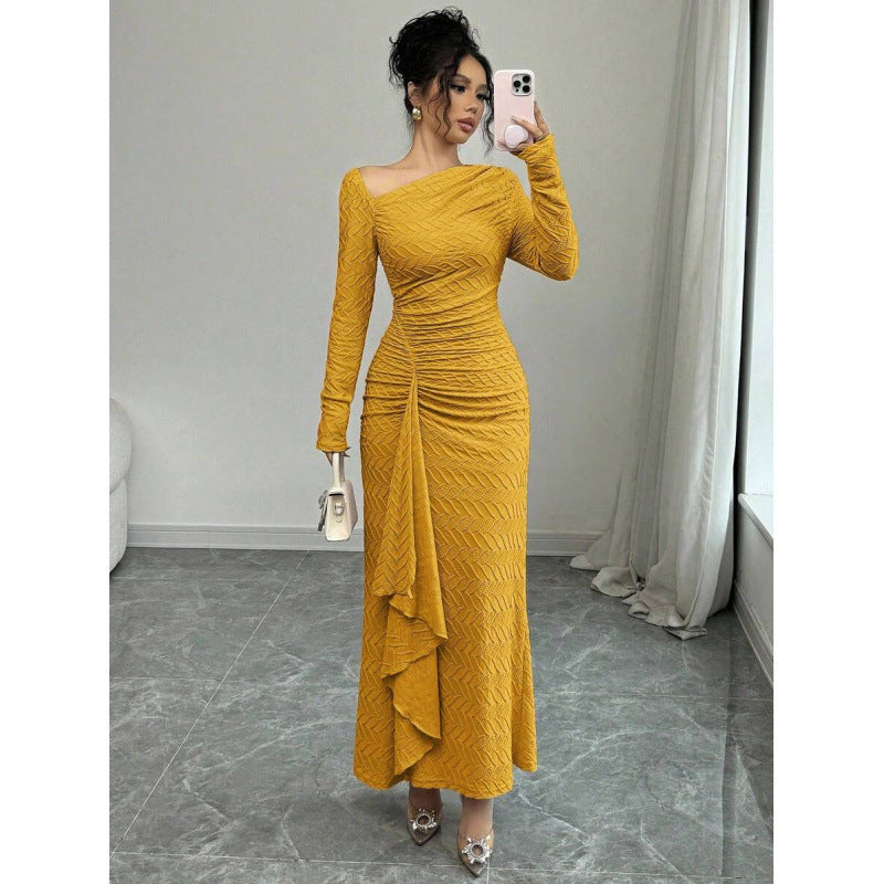 fashion  autumn new arrival elegance asymmetric slant neck waist ruffles long sleevesdress