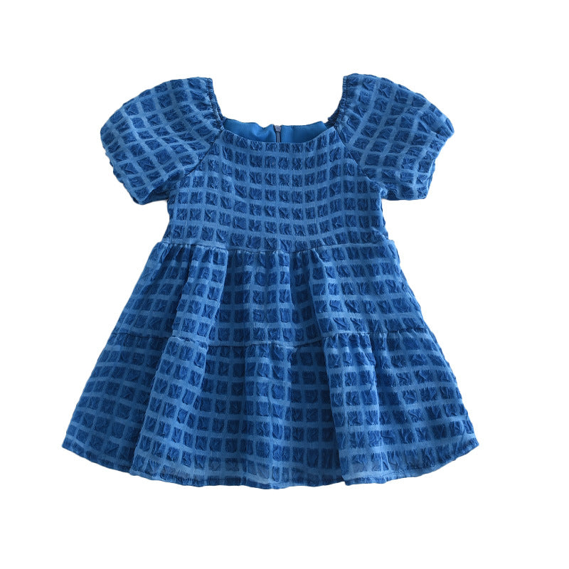 Girls' dress - european and american summer new style - round neck, short sleeve, solid color dress - fashionable loose fit plaid lady dress - export quality