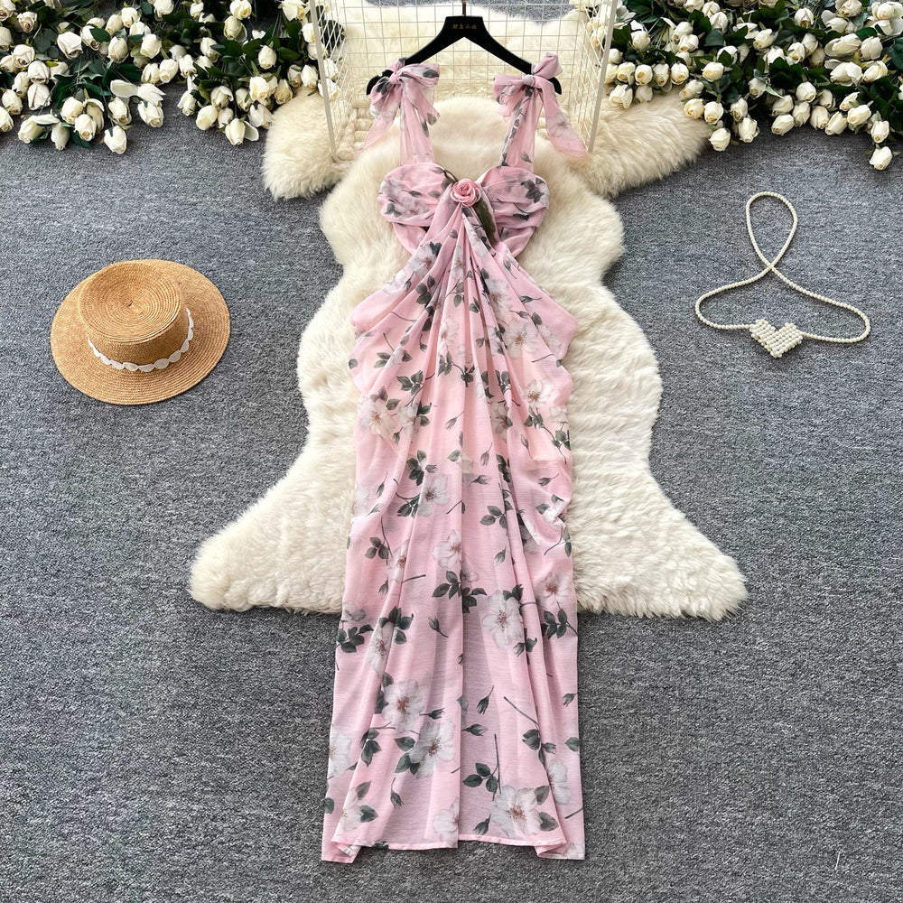 French riviera style pink floral print cami dress - women's summer bow detail, figure-flattering, slimming, elegant maxi dress