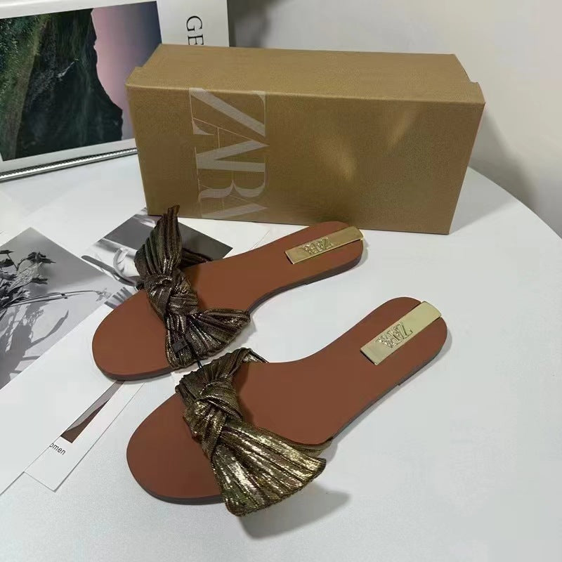Za summer new women's shoes gold metallic bow flat sandals retro style flat sandals outdoor slides