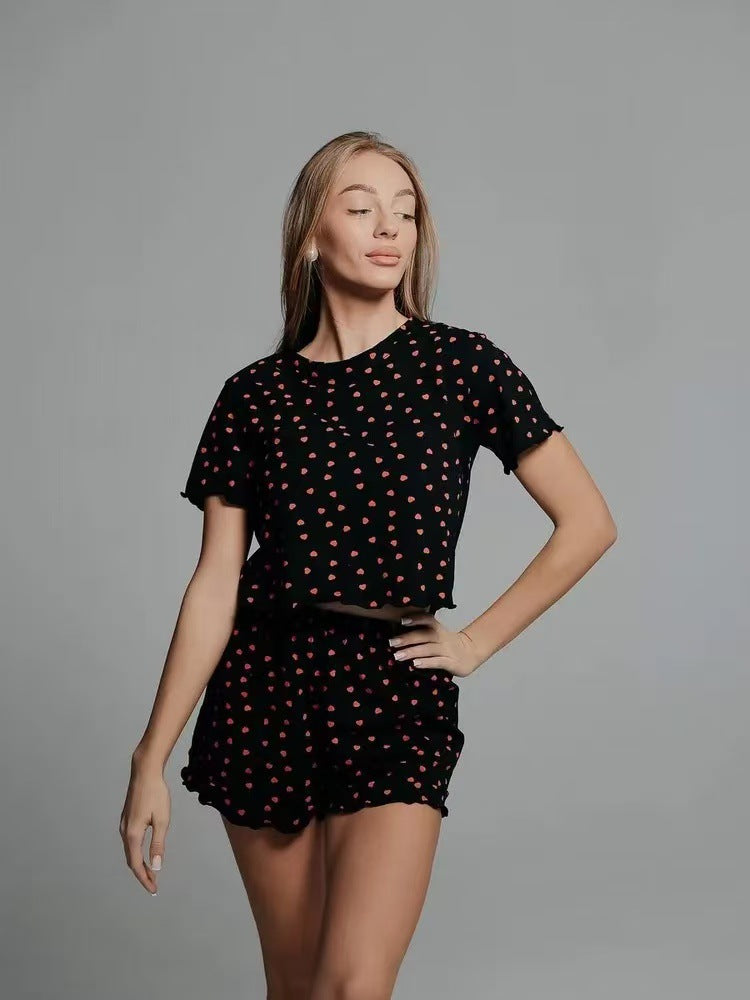 spring/summer new fashion heart print short sleeve & shorts pajama set - cross-border breathable loungewear for women - wholesale