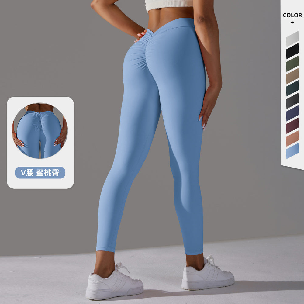 fashion brushed v-waist pleated pure color peach butt yoga pants sports running fitness tight nine-point pants