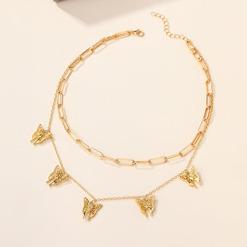 Wholesale alloy butterfly chunky chain pendant necklace - fashionable, unique, and stackable double-layer necklace for cross-border e-commerce on amazon (us & europe)