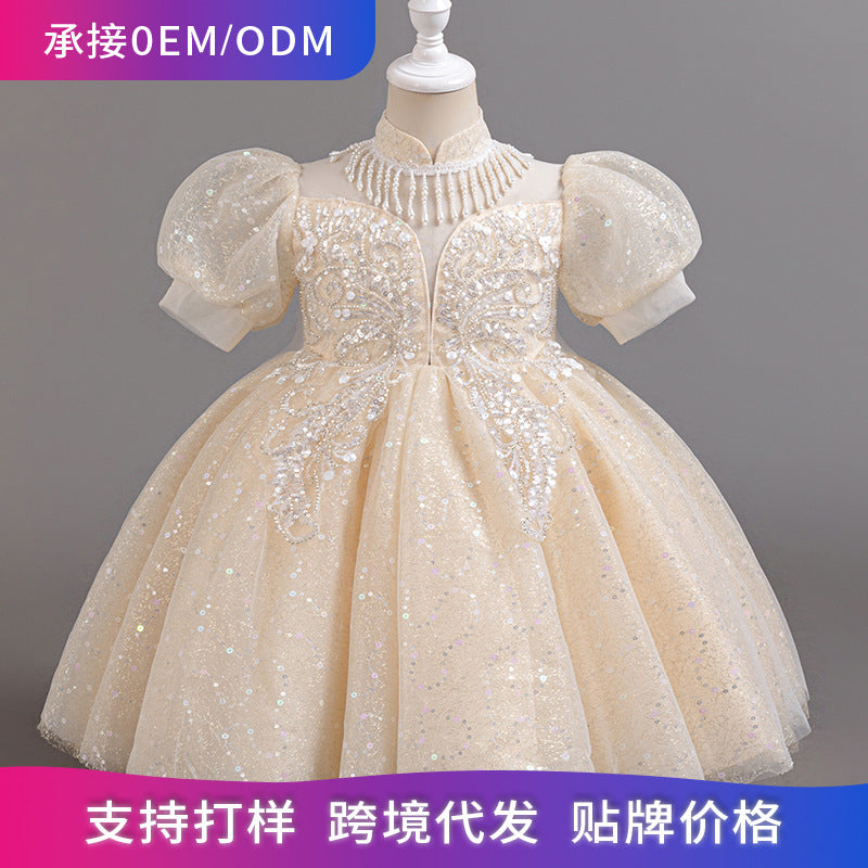 Girls' dresses: custom-made princess gowns for international e-commerce, european and american style flower girl dresses with sequins and tulle skirts, runway performance costumes