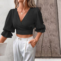 fashionelegant women's clothing elegancev-neck silmelegant puff sleeves pure colorshort women's pullovertops