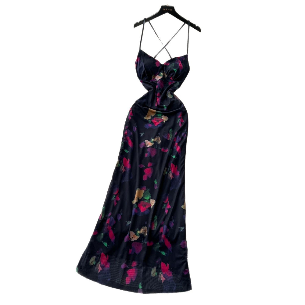 French chic sexy print cami dress - figure-flattering, hollow-out, backless, slim-fit vacation maxi dress