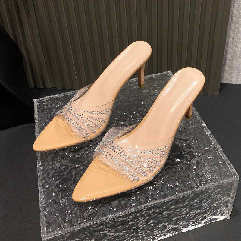 Transparent rhinestone stiletto sandals - 2025 new arrival, plus size, european & american style, spring/summer new collection, solid color pointed toe high heel slippers for women