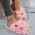 Premium flat fuzzy slippers for women, autumn/winter 2024 new collection, heart-shaped rhinestone embellished plush cotton house slippers