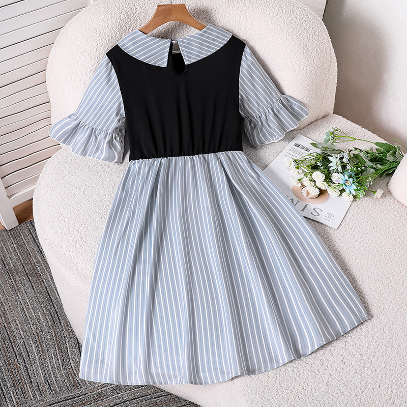 Children's clothing  spring and summer new arrival cross-border girldresscasualstripes lapel patchwork short-sleeved waist shirt skirt