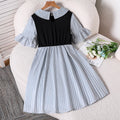 Children's clothing  spring and summer new arrival cross-border girldresscasualstripes lapel patchwork short-sleeved waist shirt skirt