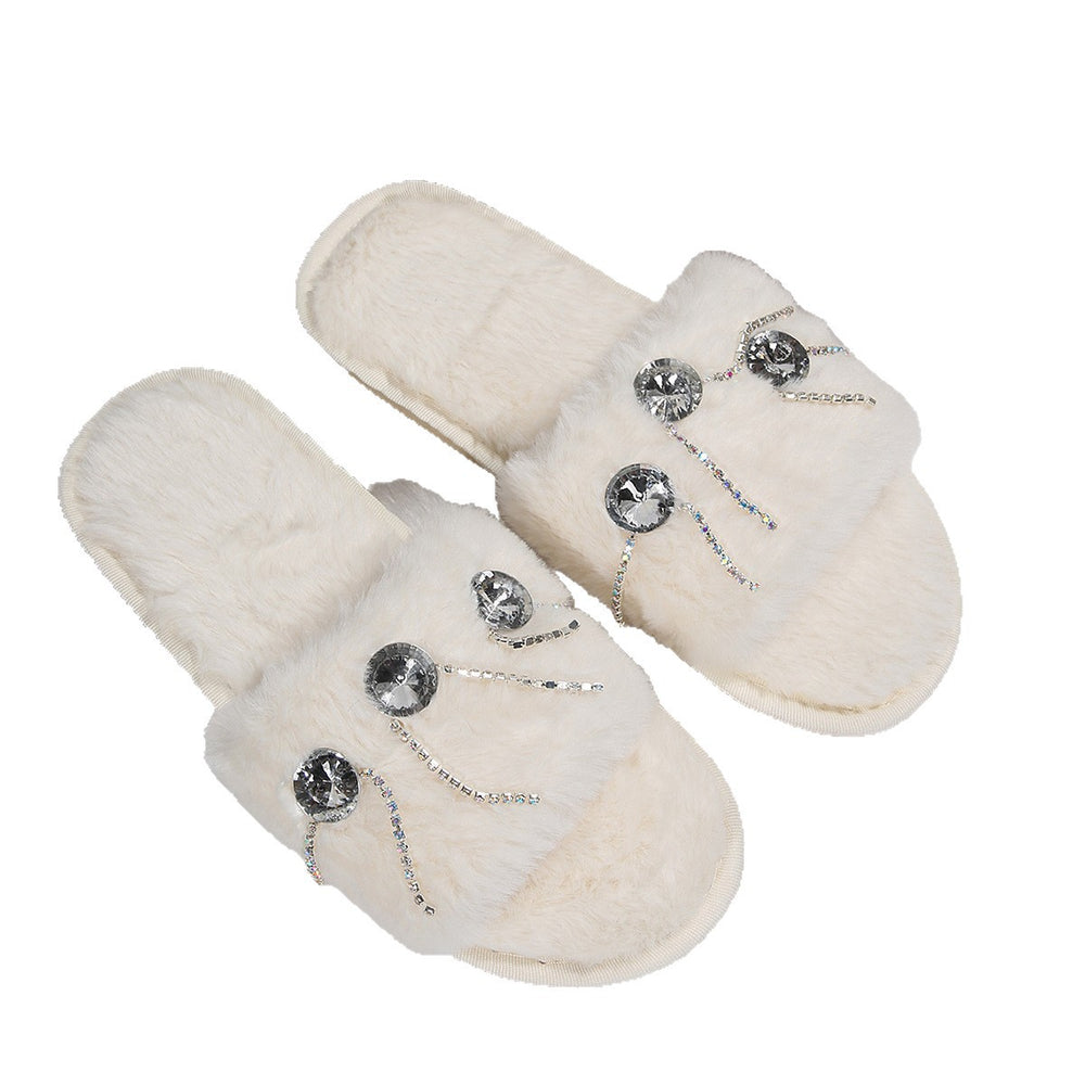 Export bright diamond decorative fur slippers for women at home fashion cross-border new arrivalflats indoor one-line sewing cotton slippers for women